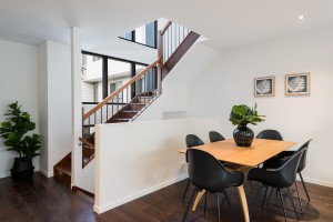 stairs with full height windows 